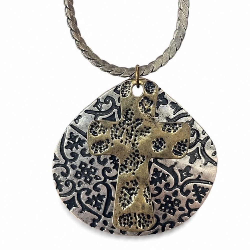 Mixed Metal Cross Teardrop Pendant Necklace Silver Brass Tone Embossed Statement